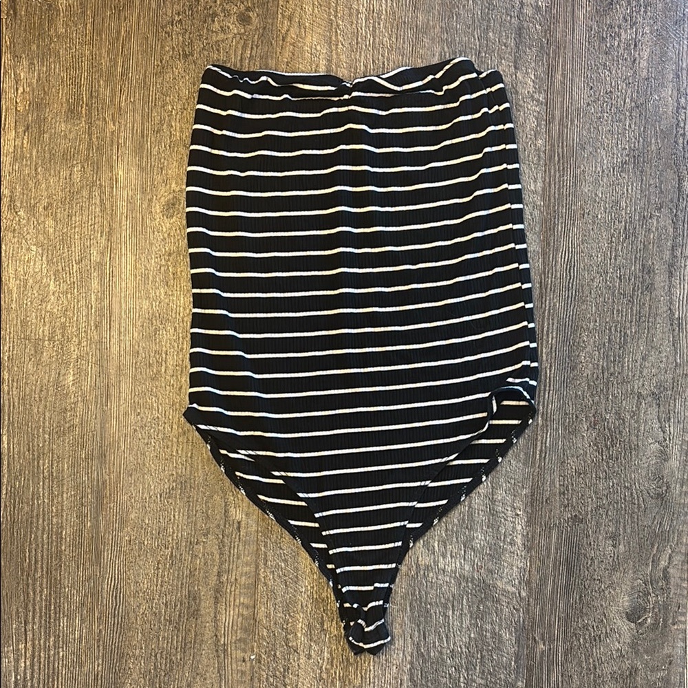 Black and White Striped Bodysuit Top‎ with High-Cut Design